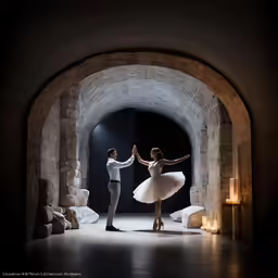 a man and woman in white clothes dancing on a stage