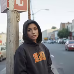 a woman leaning on the street corner with cars