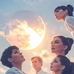 three woman looking up with a full moon in the background
