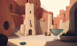 an abstract image of buildings with some statues