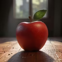 an apple sitting on a wooden table in front of a window