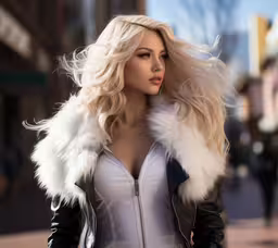 a beautiful young blond woman walking down a sidewalk,the woman is dressed in her winter attire