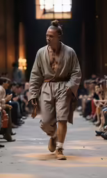 a man in traditional clothes is walking down the runway