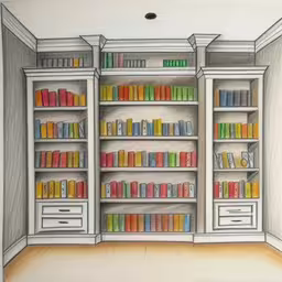 a sketch of a bookshelf with many colored books,a drawing of an open book shelf with colorful books,drawing of bookshelf with various colored books,a painting of bookshelves in a room,a drawing of books in a book shelf