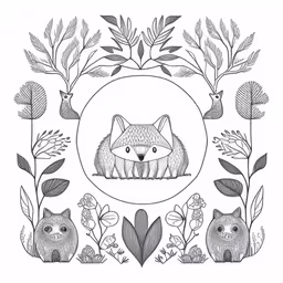 a fox with flowers and plants around it