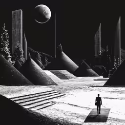 a man walking across a walkway in the desert