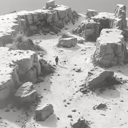 snow covered rocks and a man walking on the ground