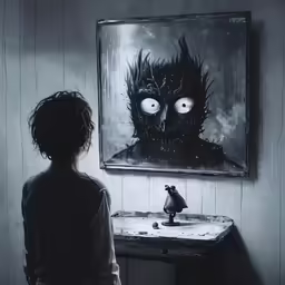 a young girl looking at a creepy creature painting in the corner