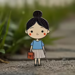 small girl in dress with bag on ground near bushes