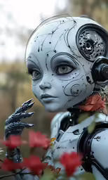 an alien woman holding a plant with gears in her hair