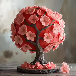 a pink cake is shaped like a tree and flower