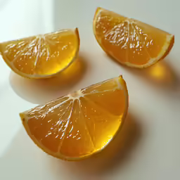 three orange slices are cut in half