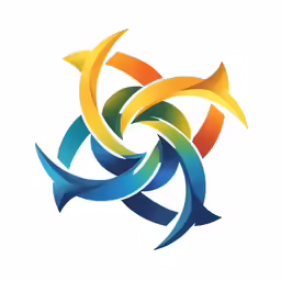 four colored fish like spirals with one spinning around it