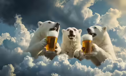 three white polar bears holding beers up to their mouths