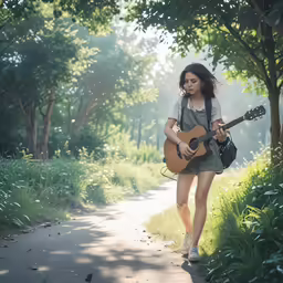 a girl with a guitar walks down a path in the woods