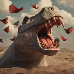 a dinosaur is open its mouth and has orange butterflies flying above it