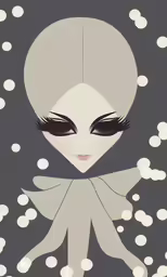 an alien with a large eyes and dark makeup looks down over her shoulder