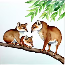 a picture of two foxes sitting on a branch,an image of two foxes on a branch