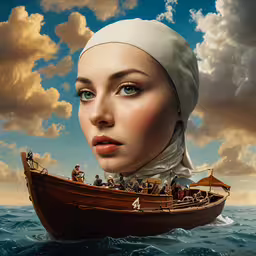 a woman wearing a white headscarf in a boat,a young woman in a boat looks into the distance