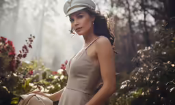 a woman in a hat posing in a forest