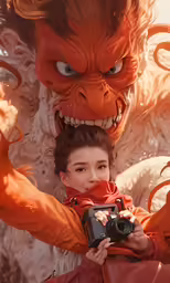 a woman with a camera is surrounded by an orange dragon