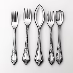 six pieces of silverware are shown in an artistic way