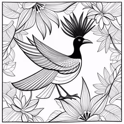a black and white drawing of a bird on a tree with flowers,a drawing of a bird with leaves on it