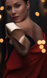 a woman wearing a red cloth is posing for the camera