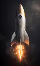 a silver rocket is taking off in the sky
