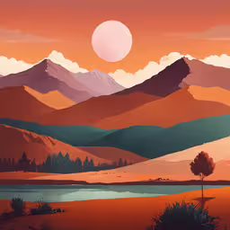 an abstract painting of mountains with lake below,a desert landscape with mountains and lake