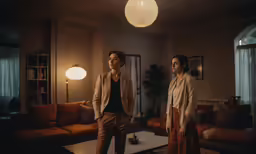 two people in a living room talking to each other