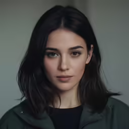 a beautiful girl wearing green jacket looking into the camera