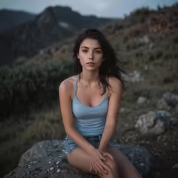 a young woman sits on rocks in the mountains