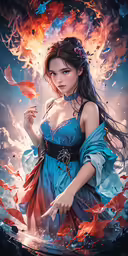 a beautiful young lady in a blue dress holding a fire
