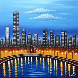 a painting of city lights and a bridge,a painting of a city skyline with lights on at night,night city skyline by water painting in blue and yellow colors,a painting of a city at night with lots of lights,there is an artwork on the wall, and it looks like a painting