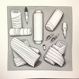 the drawing shows various items and pens,a picture of supplies for sewing that are very easy