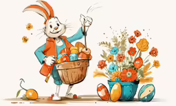a rabbit carrying a basket of colorful eggs