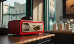 a red radio sits on the counter by some windows