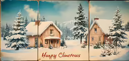 two paintings of houses in the snow next to each other