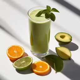 an avocado, orange slices, and cucumber