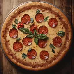 a pie with tomatoes and basil on a serving platter