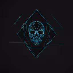 blue lines surrounding a skull with white face,a skull in a black and green geometrical pattern