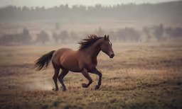 a horse running across a field on top of grass