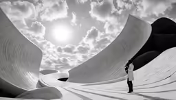 a person stands in front of the sun at an architecturally designed concrete structure