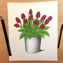 a drawing of a bouquet of flowers sitting on a table