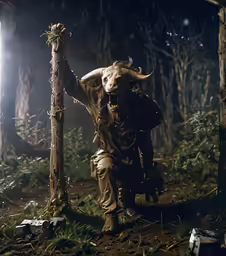 an animal wearing large horns stands next to a pole