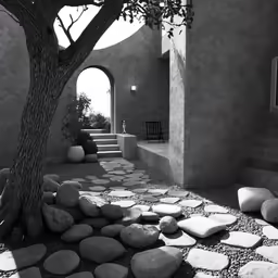 black and white photograph of a stone patio