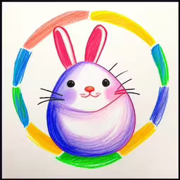 a drawing of a bunny is on a white surface,colored drawing of a bunny in the center of a circle