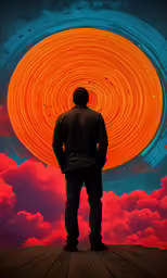 a person standing on top of a wooden floor under an orange and blue sky