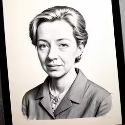 a woman in a suit and necklace standing in front of a sign